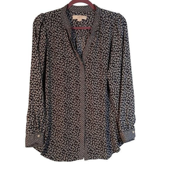 LOFT Tops - LOFT Floral Blouse S Black White Long Sleeve Mandarin Collar Hidden Btn